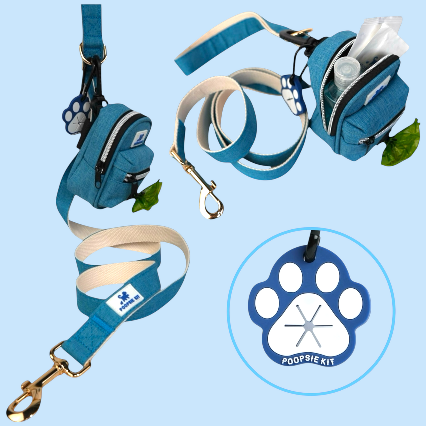 The Ultimate Dog Poop Bag Dispenser with Matching Premium Dog Leash and Waste Bag Holder, Plus Eco-Friendly Cleaning Kit for Puppy to Adult Dogs for Responsible Travel, Walking, Hiking, and Adventures.